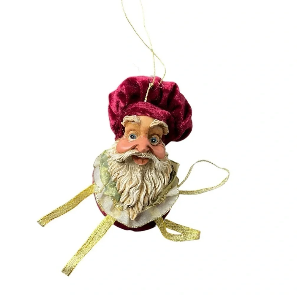 Santa Head Ornament Red Velvet Ceramic Jester? Baker? Big Eyes Gold Ribbon VTG